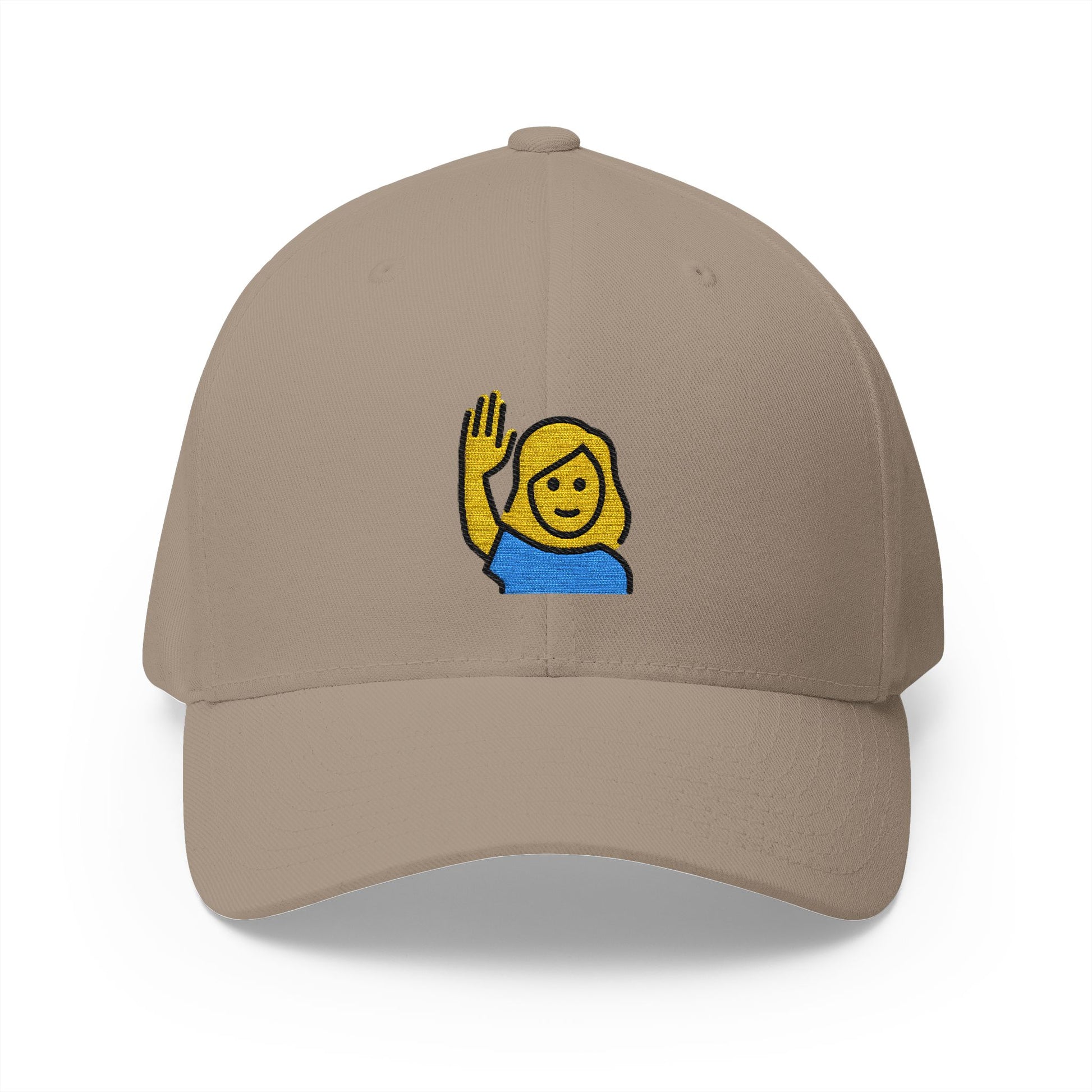 Woman Raising Hand Emoji Khaki Cap – Premium by Capmoji