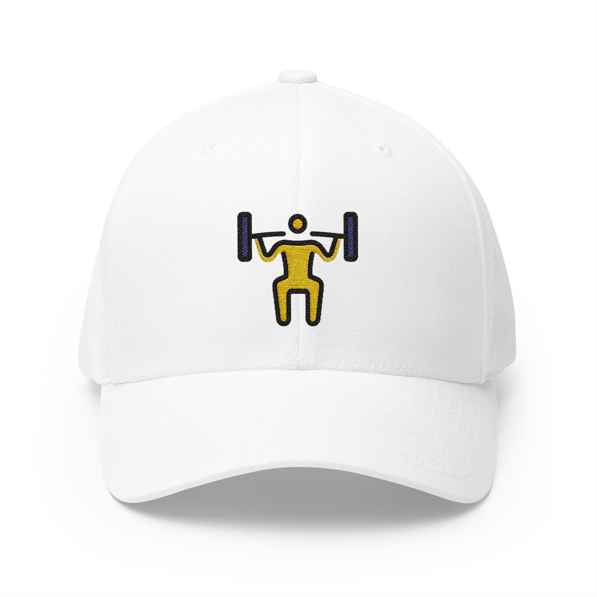 Person Lifting Weights Emoji White Cap – Premium by Capmoji