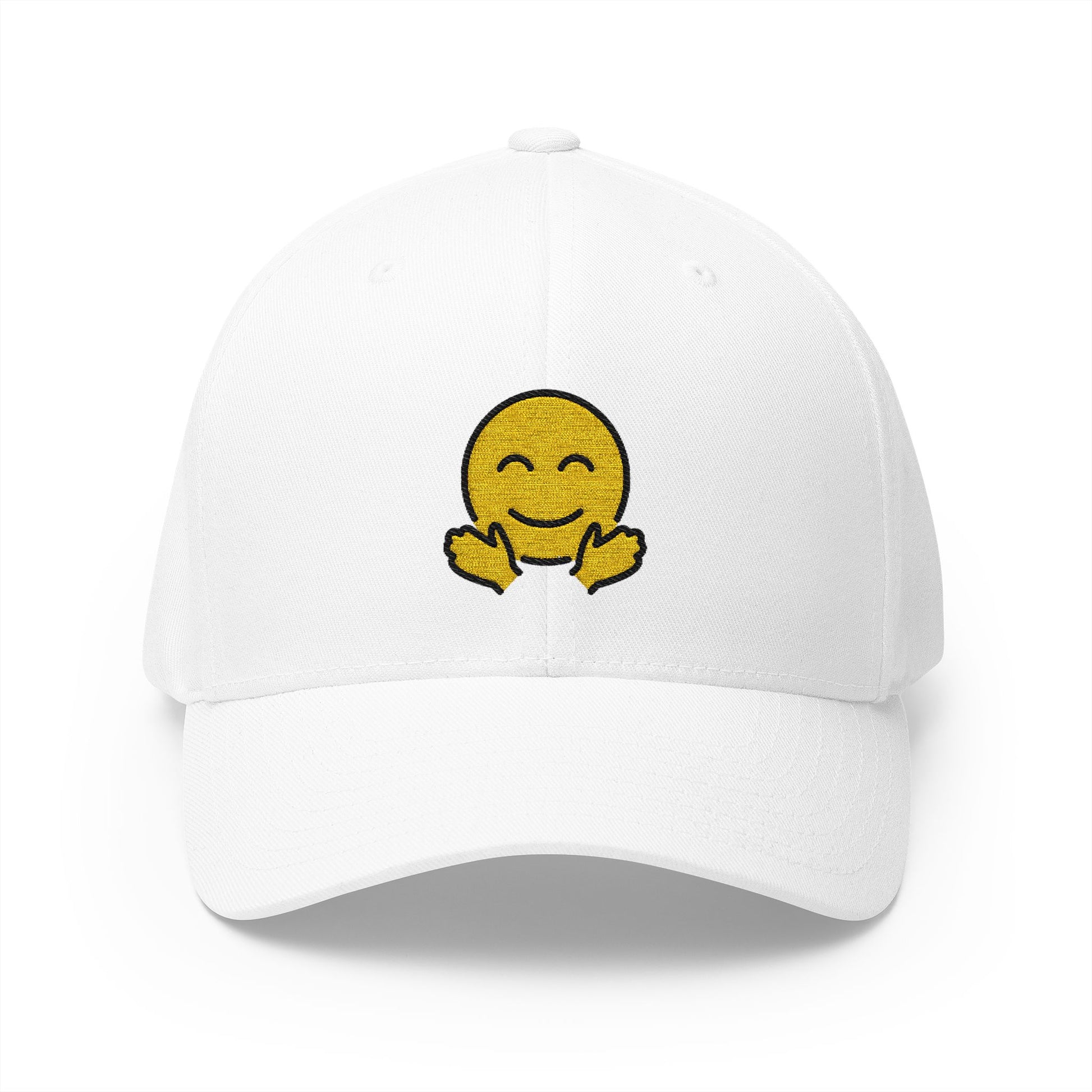 Smiling Face With Open Hands Emoji White Cap – Premium by Capmoji