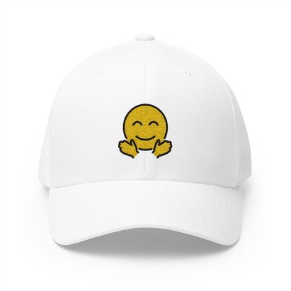 Smiling Face With Open Hands Emoji White Cap – Premium by Capmoji