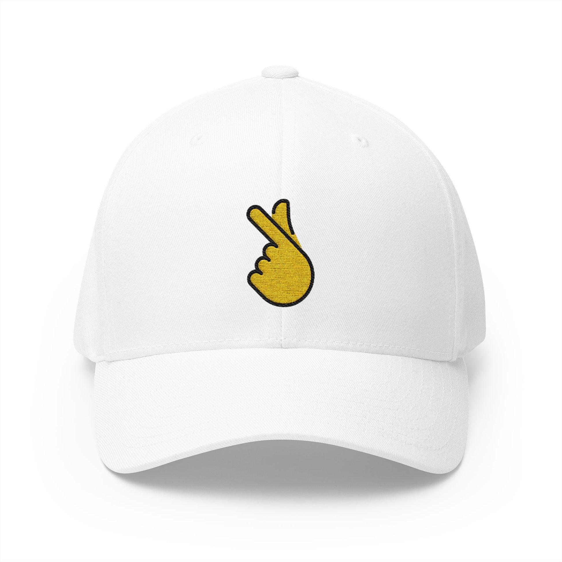 Hand With Index Finger And Thumb Crossed Emoji White Cap – Premium by Capmoji