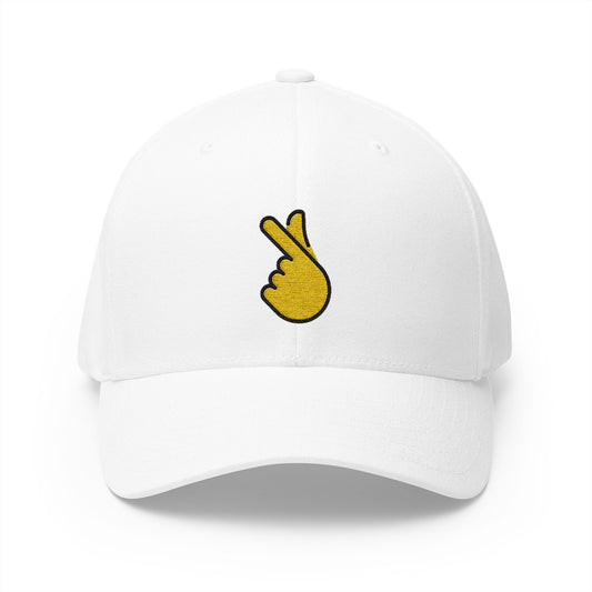 Hand With Index Finger And Thumb Crossed Emoji White Cap – Premium by Capmoji