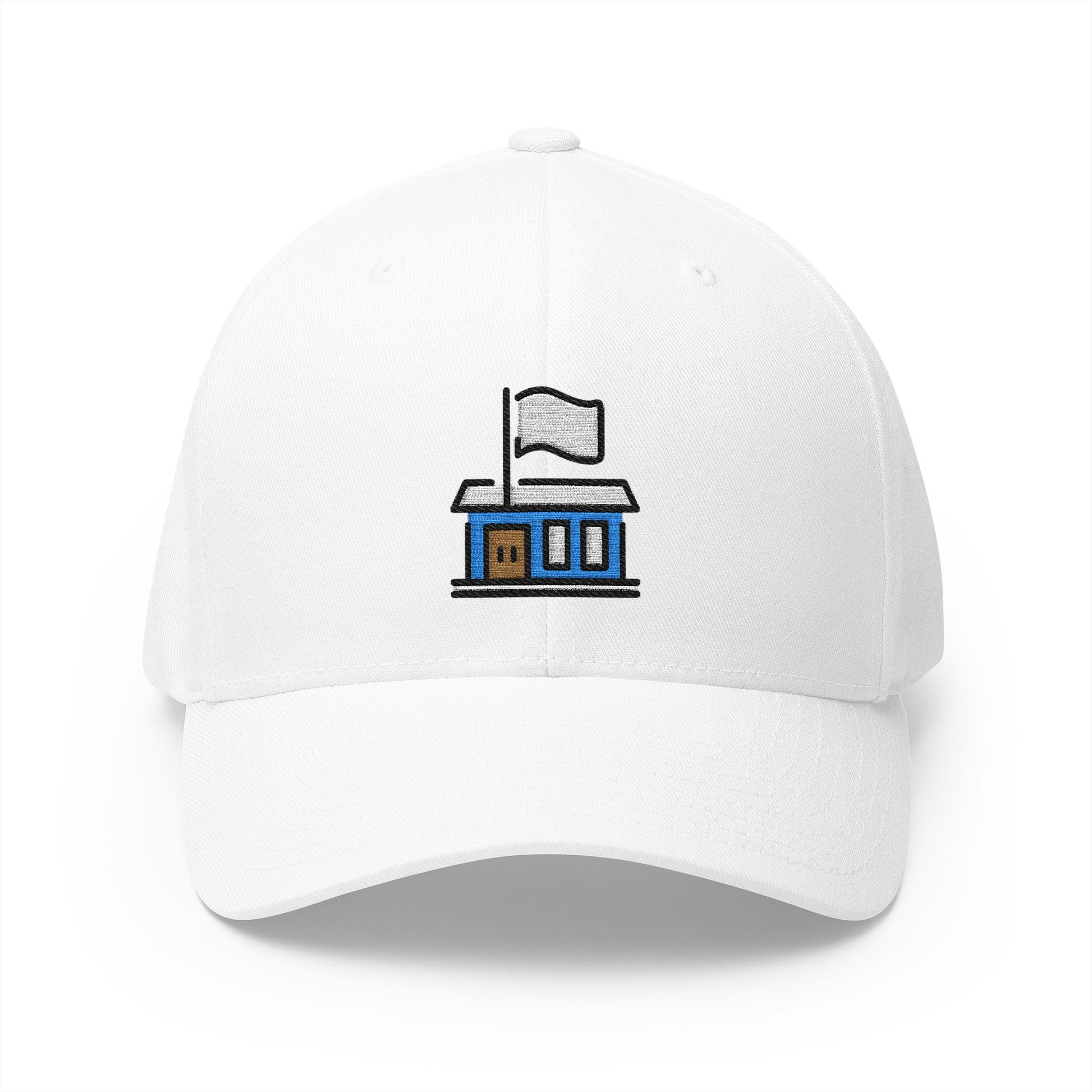 Flagged Building Emoji White Cap – Premium by Capmoji