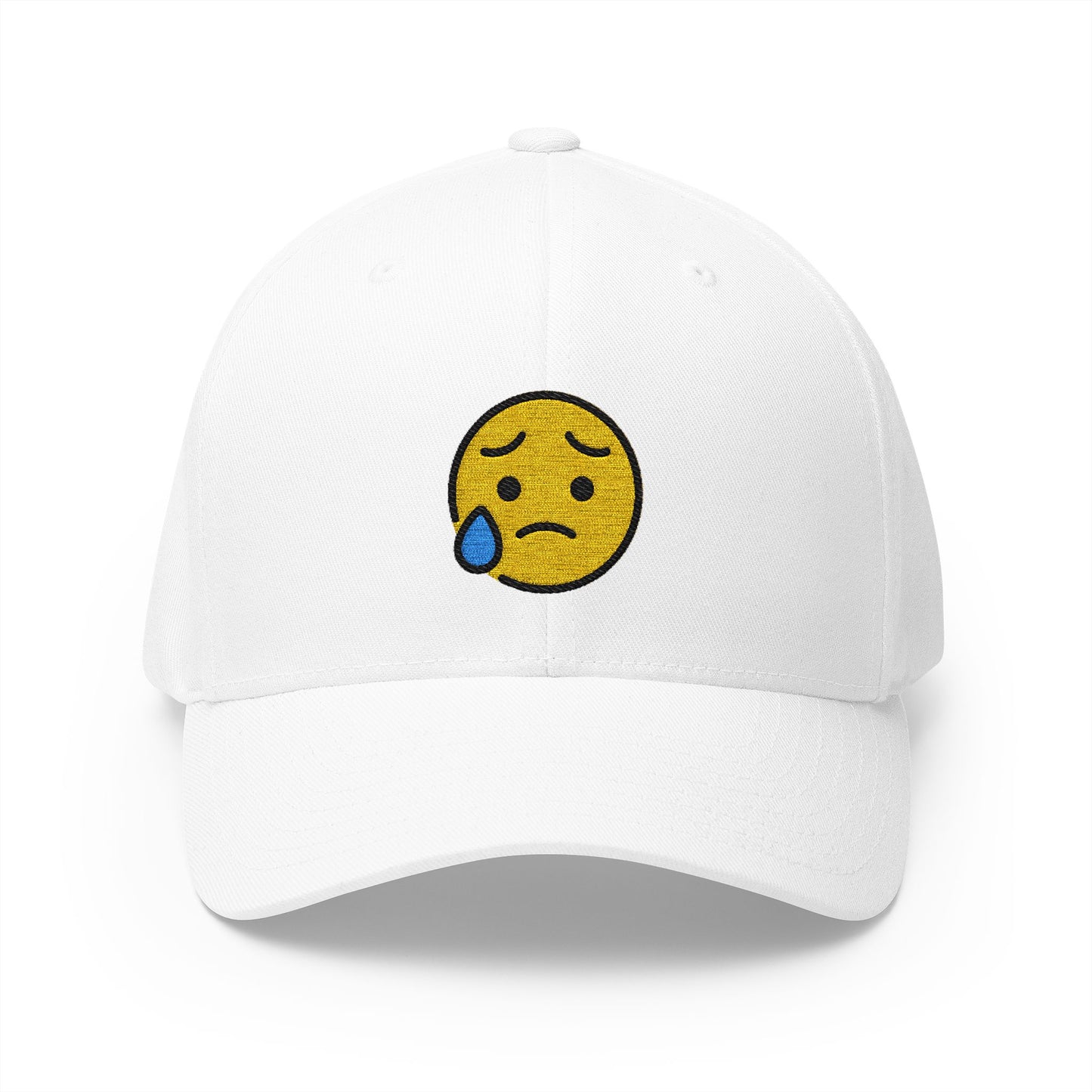 Sad But Relieved Face Emoji White Cap – Premium by Capmoji
