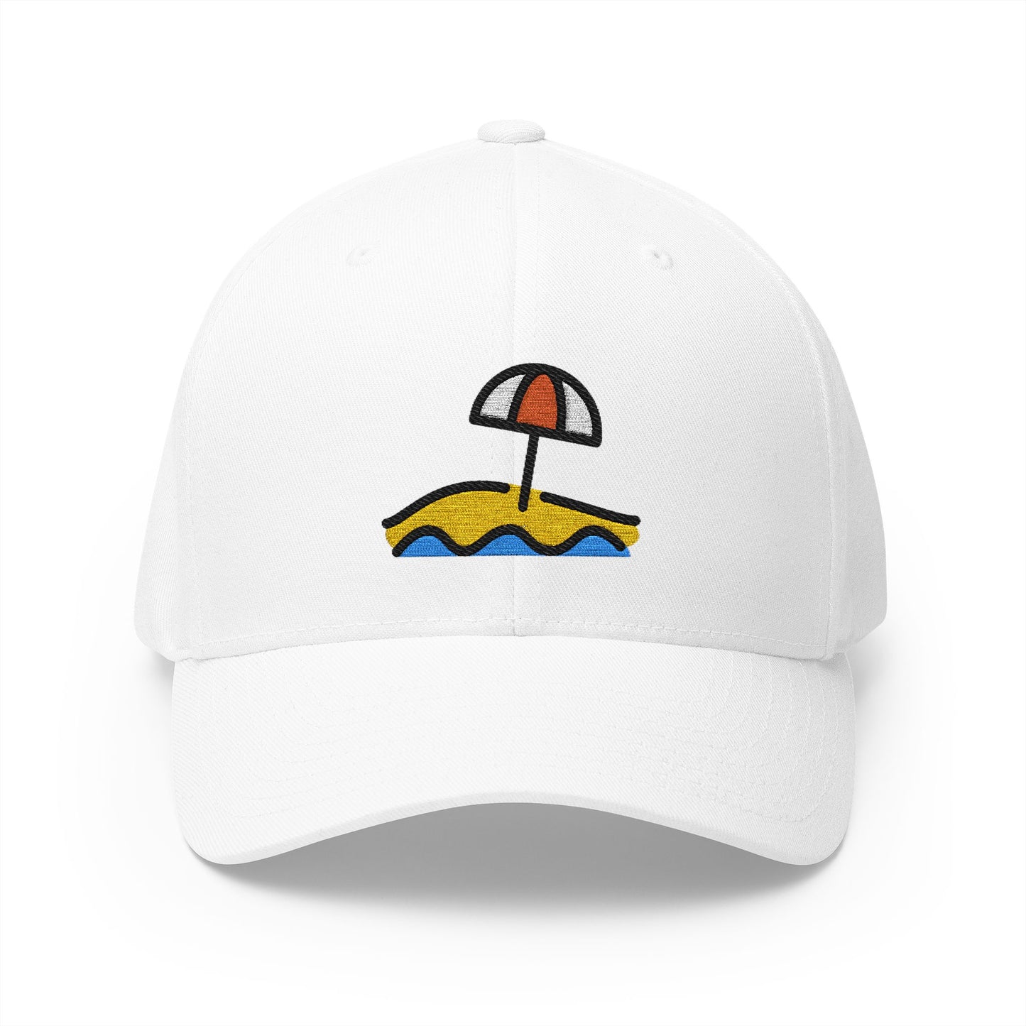 Beach With Umbrella Emoji White Cap – Premium by Capmoji