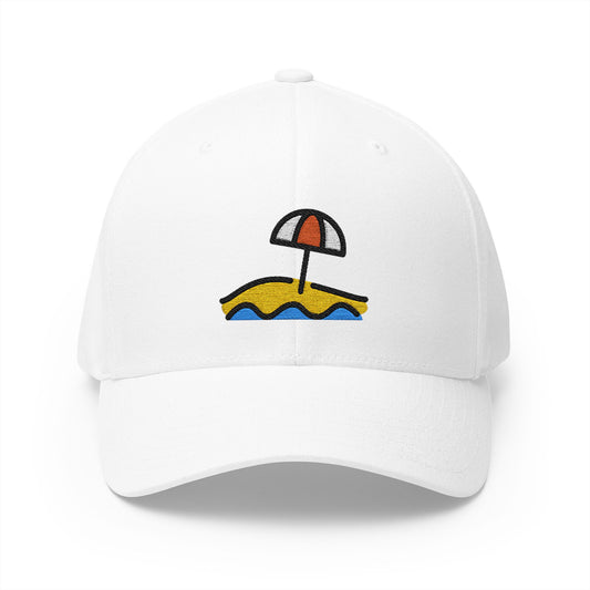 Beach With Umbrella Emoji White Cap – Premium by Capmoji