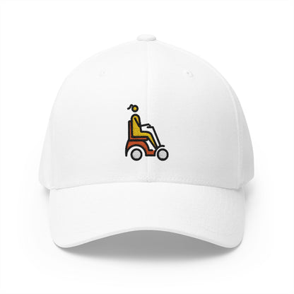Woman In Motorized Wheelchair: Facing Right Emoji White Cap – Premium by Capmoji