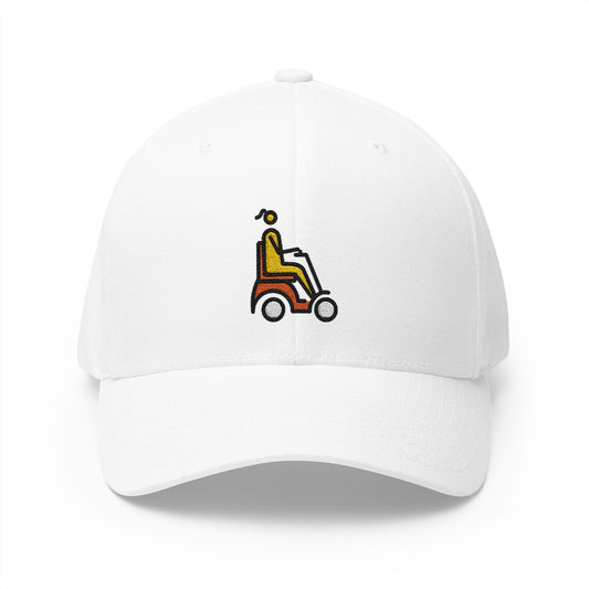 Woman In Motorized Wheelchair: Facing Right Emoji White Cap – Premium by Capmoji