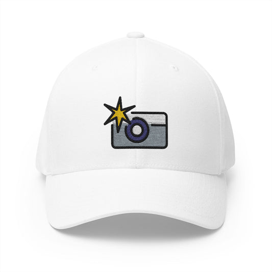 Camera With Flash Emoji White Cap – Premium by Capmoji