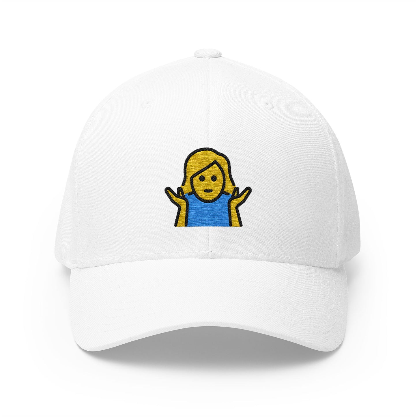 Woman Shrugging Emoji White Cap – Premium by Capmoji