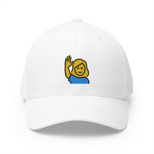 Woman Raising Hand Emoji White Cap – Premium by Capmoji