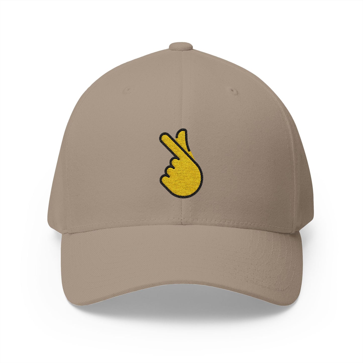 Hand With Index Finger And Thumb Crossed Emoji Khaki Cap – Premium by Capmoji