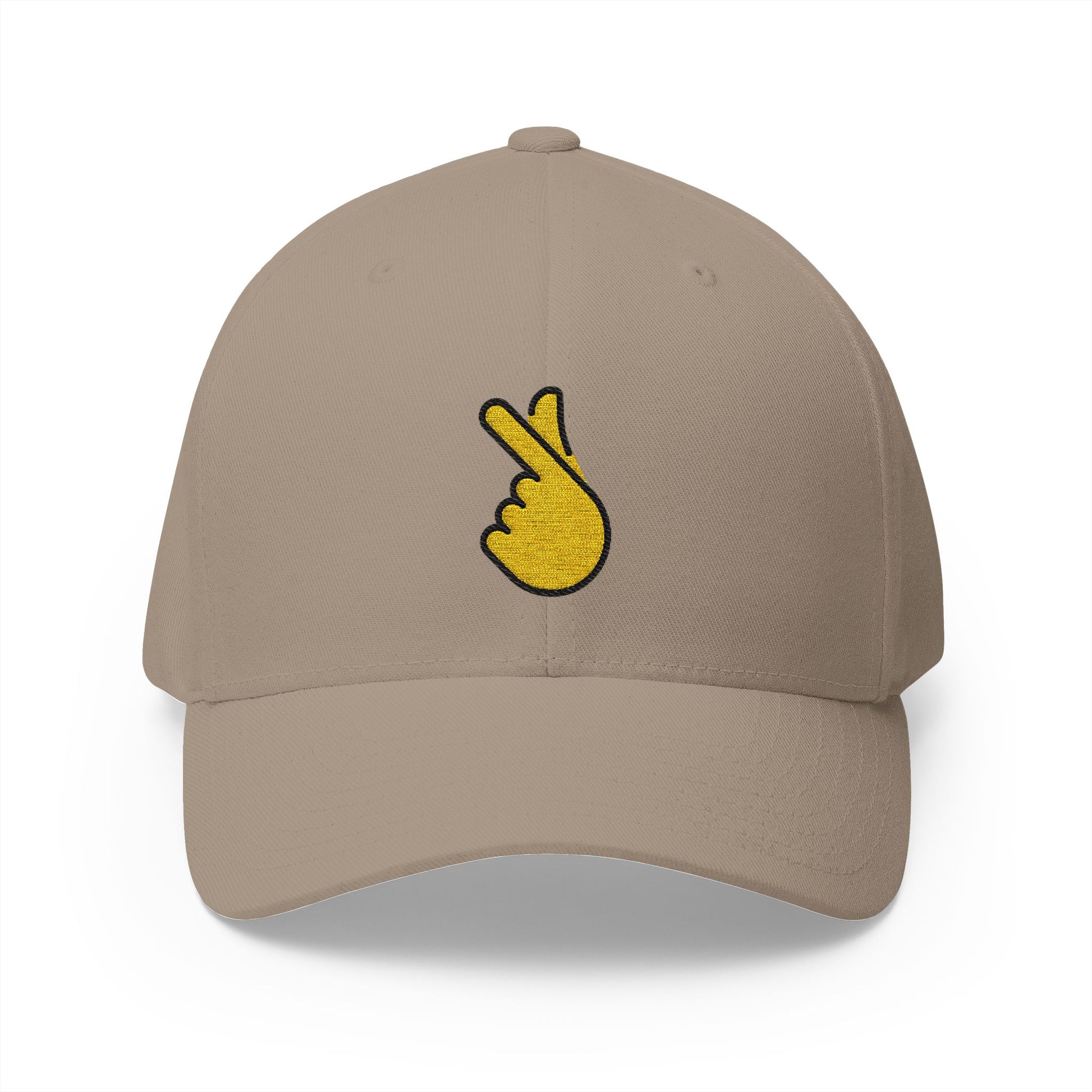 Hand With Index Finger And Thumb Crossed Emoji Khaki Cap – Premium by Capmoji