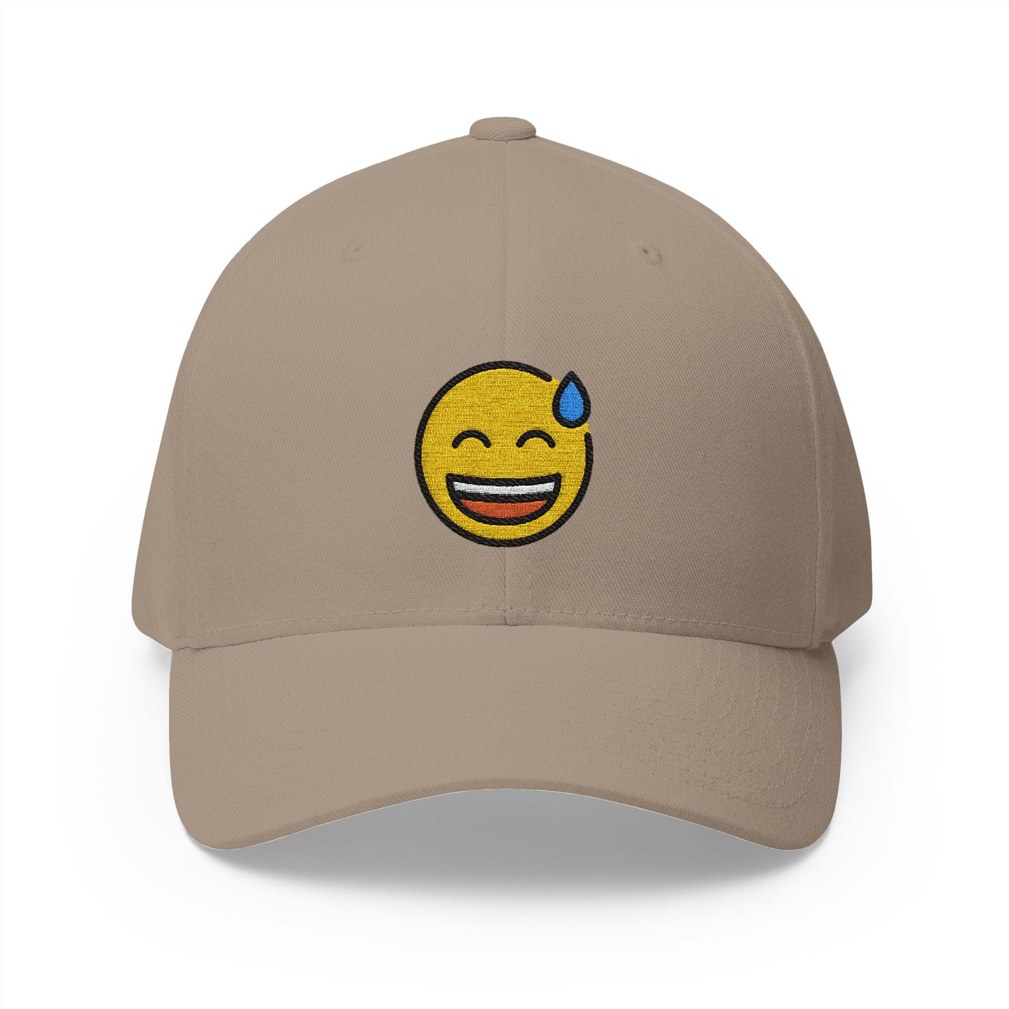Grinning Face With Sweat Emoji Khaki Cap – Premium by Capmoji