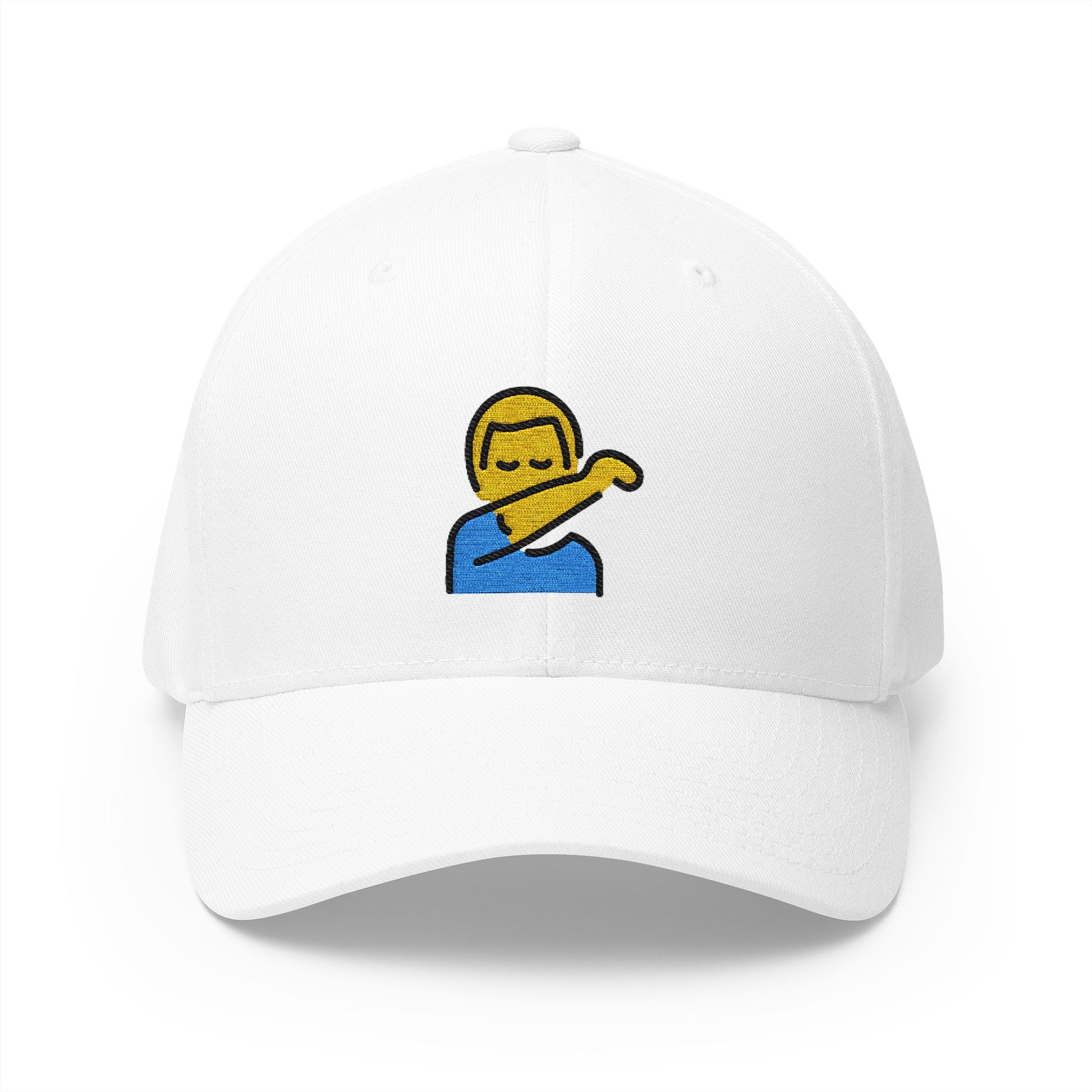 Man Sneezing Into Elbow Emoji White Cap – Premium by Capmoji