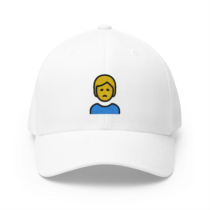 Person Frowning Emoji White Cap – Premium by Capmoji