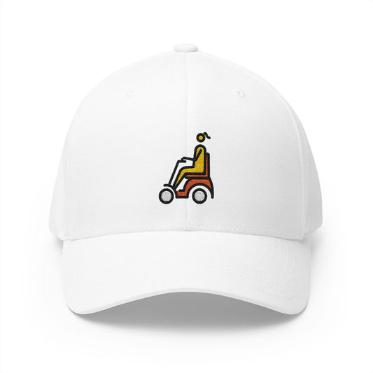Woman In Motorized Wheelchair Emoji White Cap – Premium by Capmoji