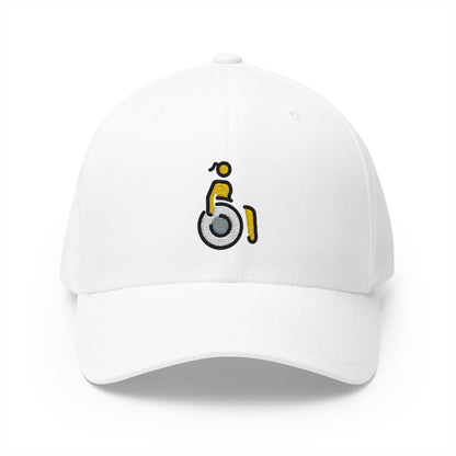Woman In Manual Wheelchair: Facing Right Emoji White Cap – Premium by Capmoji