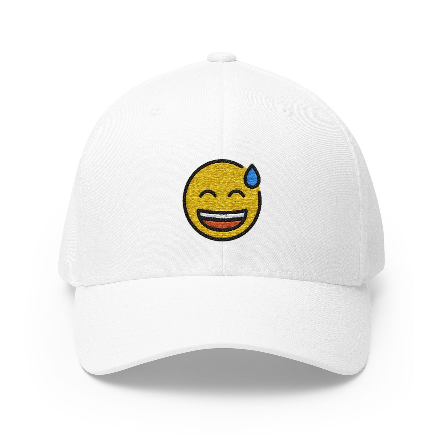 Grinning Face With Sweat Emoji White Cap – Premium by Capmoji
