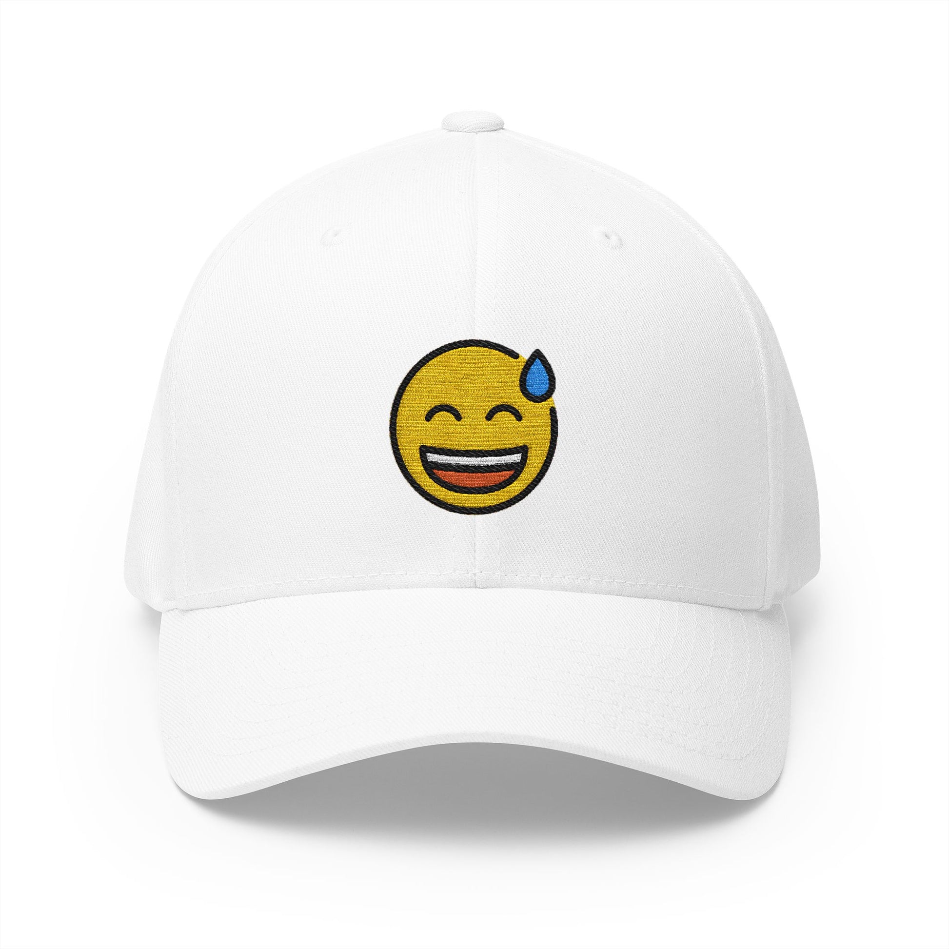 Grinning Face With Sweat Emoji White Cap – Premium by Capmoji