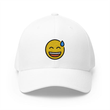 Grinning Face With Sweat Emoji White Cap – Premium by Capmoji