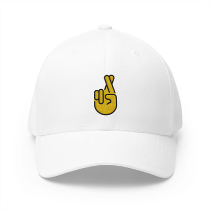 Crossed Fingers Emoji White Cap – Premium by Capmoji