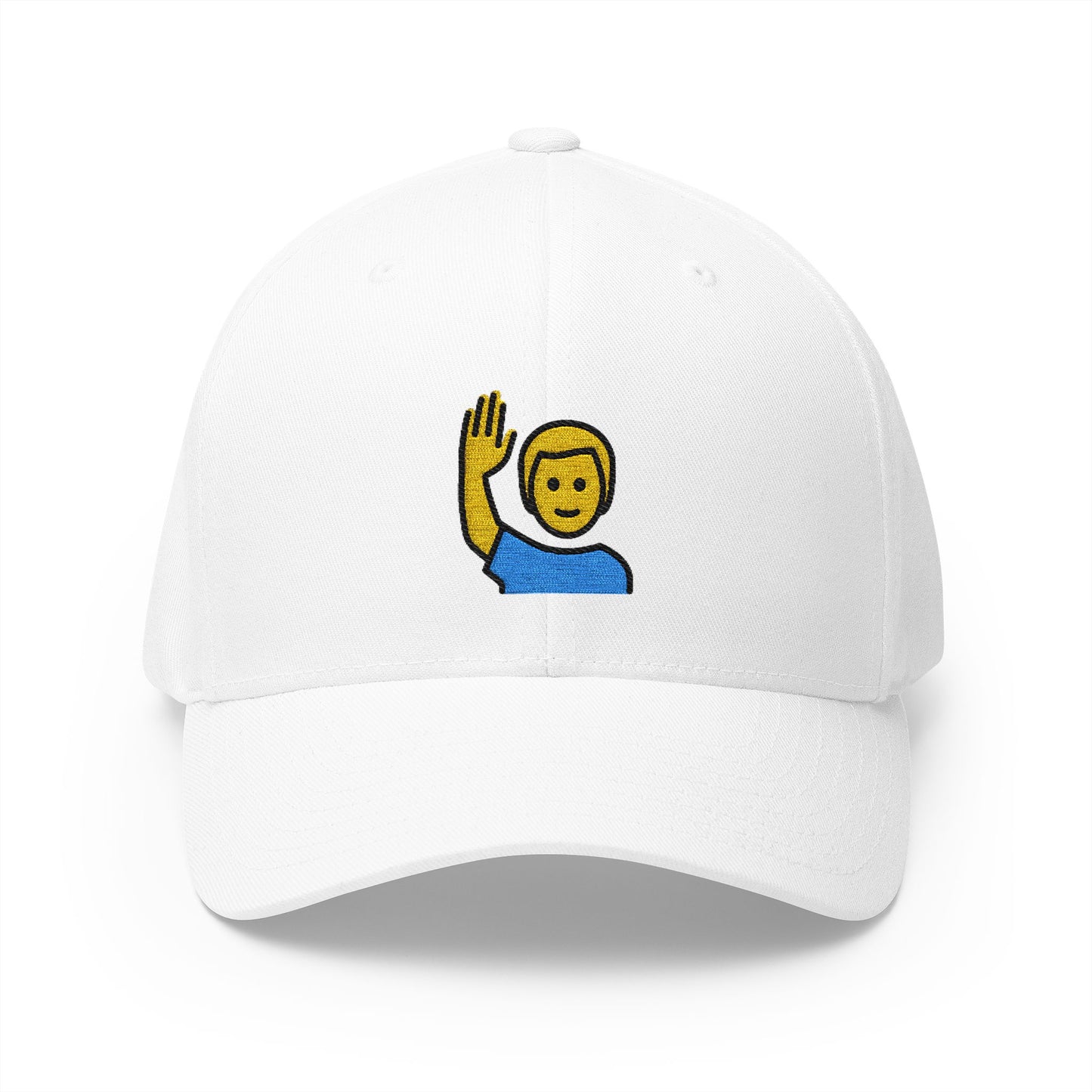Man Raising Hand Emoji White Cap – Premium by Capmoji