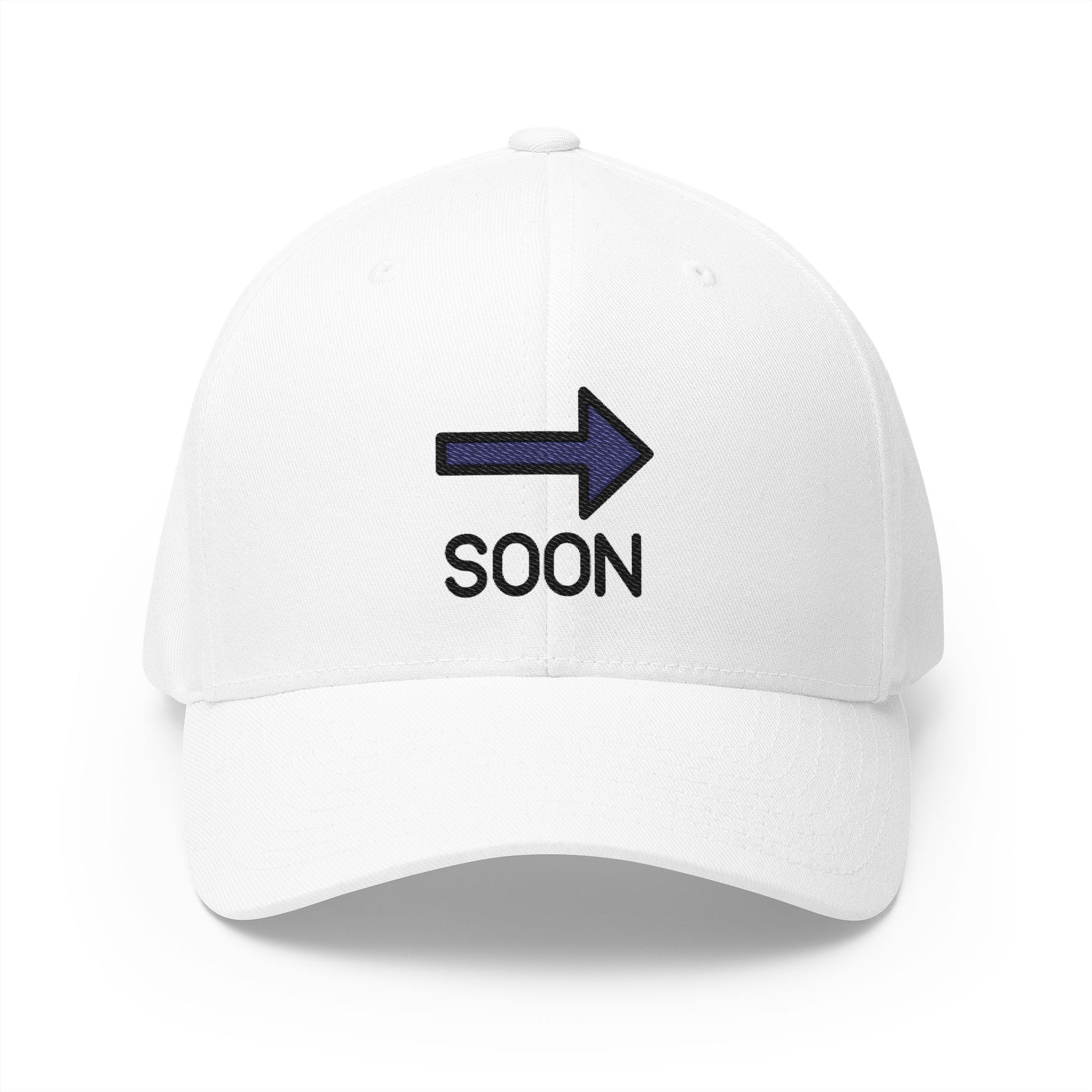 Soon Arrow Emoji White Cap – Premium by Capmoji