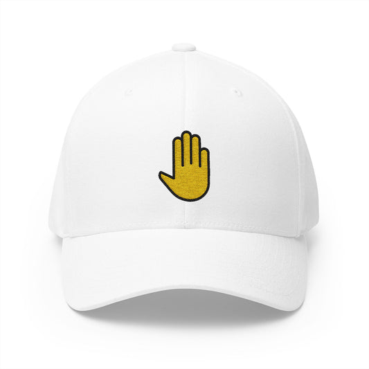 Raised Back Of Hand Emoji White Cap – Premium by Capmoji