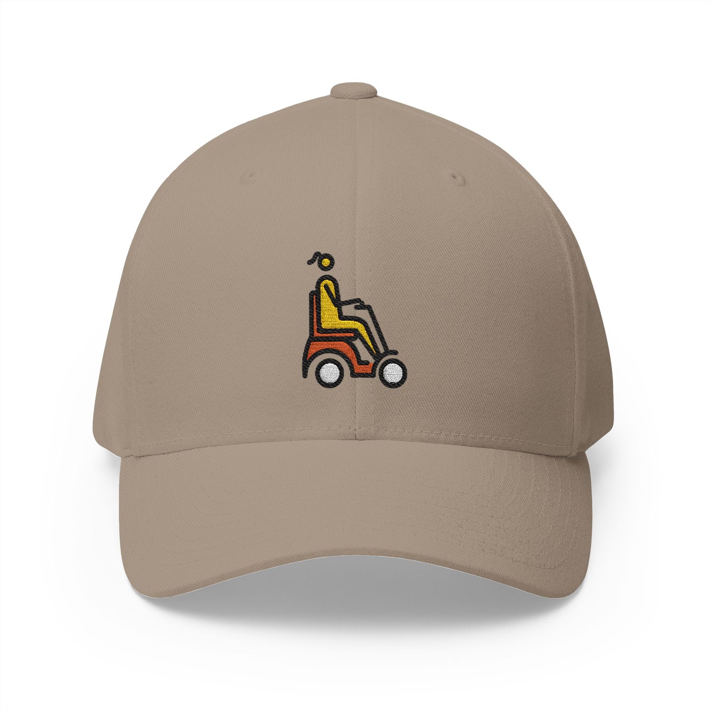 Woman In Motorized Wheelchair: Facing Right Emoji Khaki Cap – Premium by Capmoji