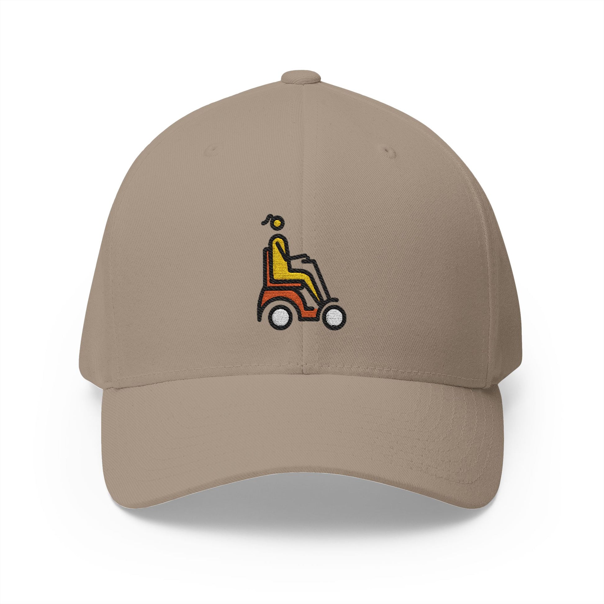 Woman In Motorized Wheelchair: Facing Right Emoji Khaki Cap – Premium by Capmoji