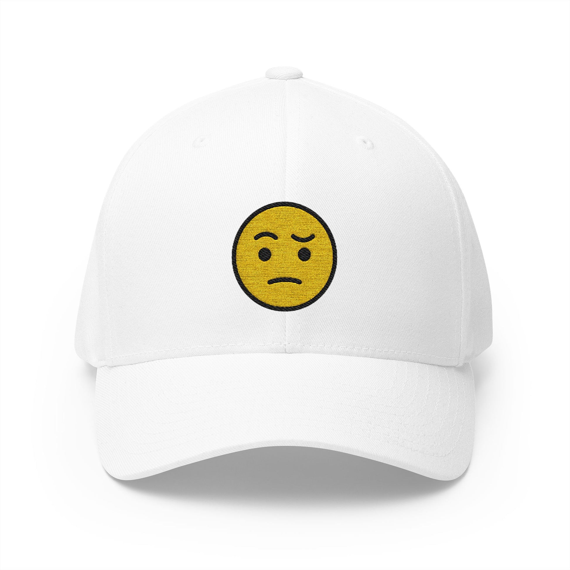 Face With Raised Eyebrow Emoji White Cap – Premium by Capmoji