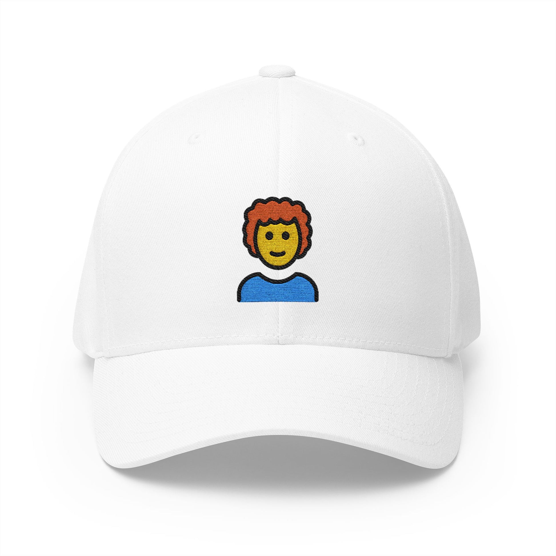 Man: Curly Hair Emoji White Cap – Premium by Capmoji