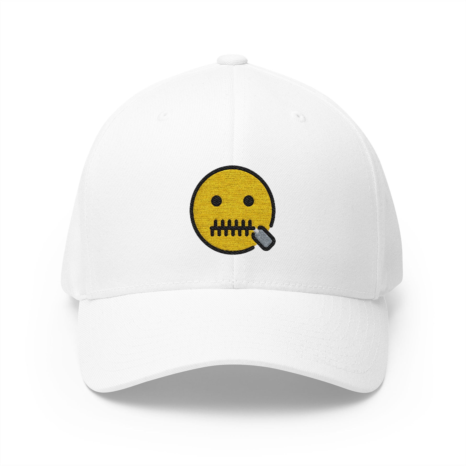 Zipper-Mouth Face Emoji White Cap – Premium by Capmoji