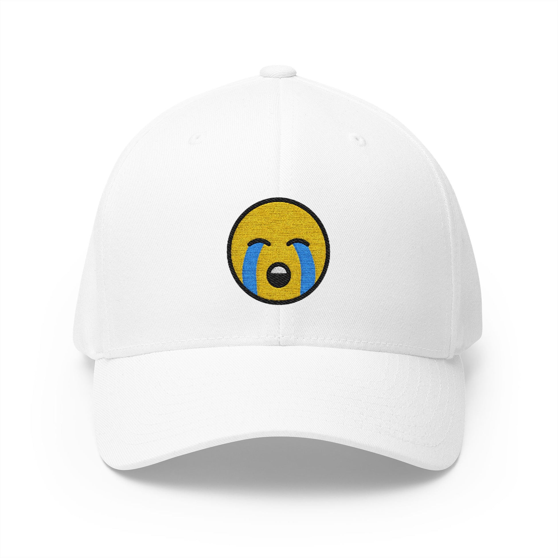 Loudly Crying Face Emoji White Cap – Premium by Capmoji