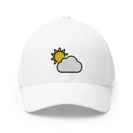 Sun Behind Cloud Emoji White Cap – Premium by Capmoji