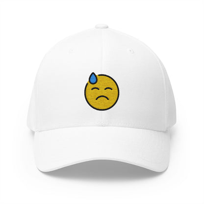 Downcast Face With Sweat Emoji White Cap – Premium by Capmoji
