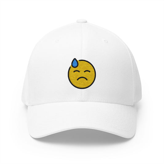 Downcast Face With Sweat Emoji White Cap – Premium by Capmoji