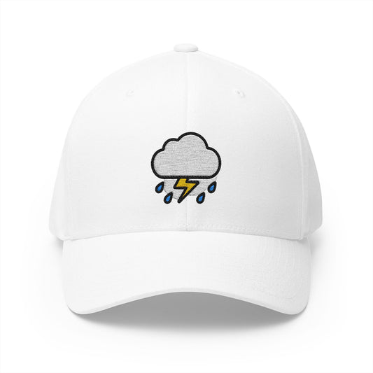 Cloud With Lightning And Rain Emoji White Cap – Premium by Capmoji