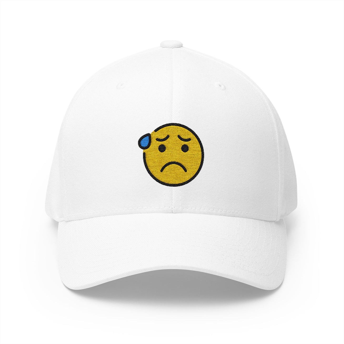 Anxious Face With Sweat Emoji White Cap – Premium by Capmoji