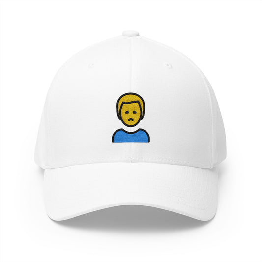 Man Frowning Emoji White Cap – Premium by Capmoji