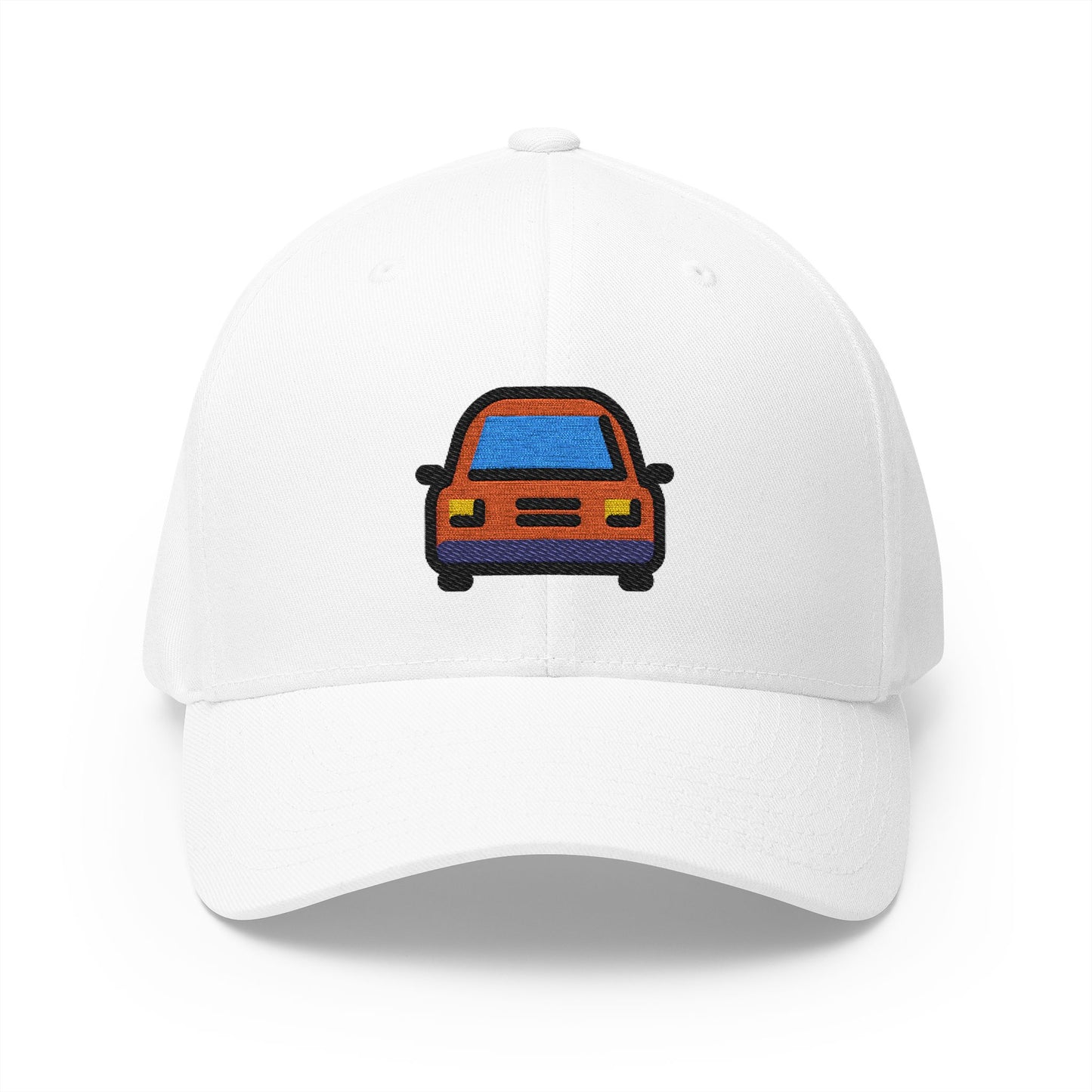 Oncoming Automobile Emoji White Cap – Premium by Capmoji