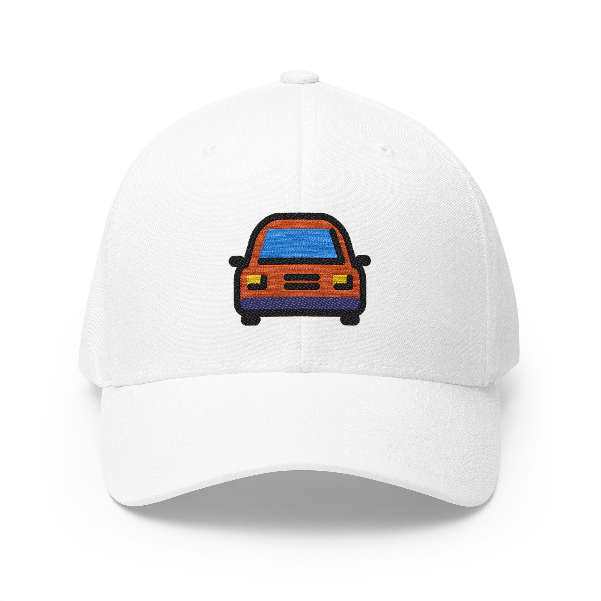 Oncoming Automobile Emoji White Cap – Premium by Capmoji