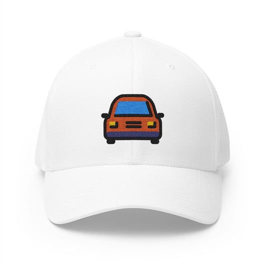 Oncoming Automobile Emoji White Cap – Premium by Capmoji